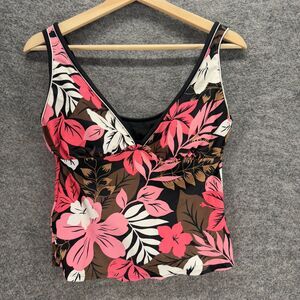 Croft & Barrow Tankini Top Women 10 Black Floral V-Neck Sleeveless Push Up Lined